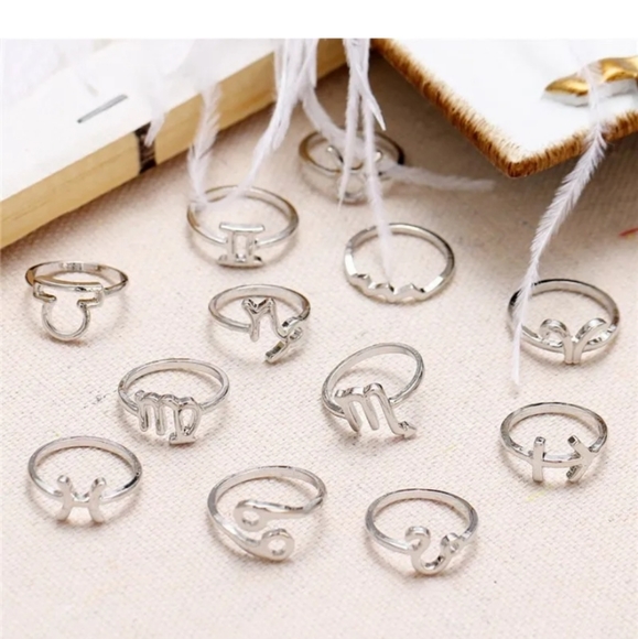 12pcs/set 12 Constellation Silver Zodiac size 7.5 Ring Set Jewelry Women - Picture 2 of 3